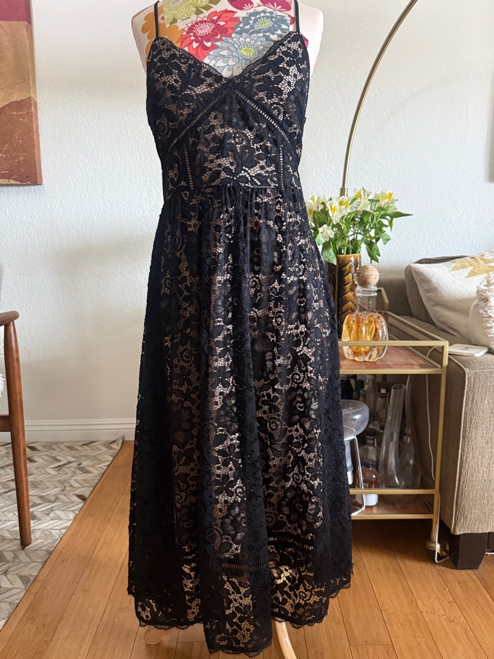 NSR Black Lace Midi Dress with Nude Underlay